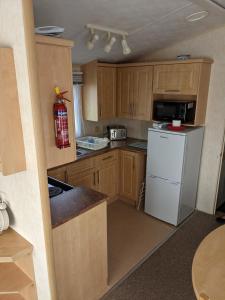 Lincolnshire8 Berth Northshore (The Westmorland)的厨房配有木制橱柜和白色冰箱。