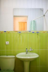 乔尔蓬阿塔Aquamarine Inn的一间带水槽、卫生间和镜子的浴室