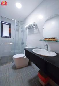 莲三Luxury hotel Phú Yên的一间带水槽、卫生间和镜子的浴室