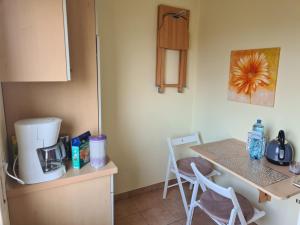 梅肯博伊伦Airport Apartments Valentina的厨房配有柜台和一张桌子及咖啡壶