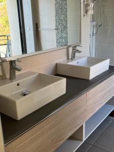 勒拉旺杜巴普迪斯丁酒店的浴室设有2个水槽和镜子