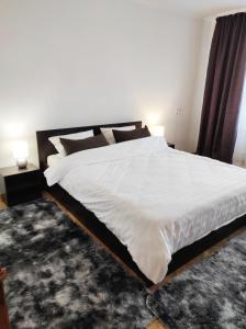 罗夫诺Comfortable apartments in centre with 3 bedrooms的卧室配有一张白色大床和地毯。