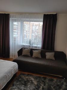 罗夫诺Comfortable apartments in centre with 3 bedrooms的客厅的窗户前设有沙发