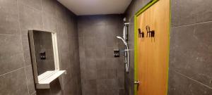 淡文Olive Bedz Hotel的带淋浴和镜子的浴室