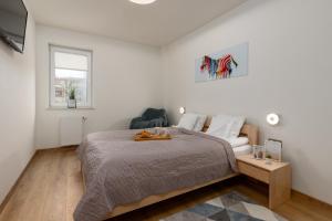 乌斯特龙Apartament 14ka. Ustroń的白色的卧室设有一张大床和一个窗户