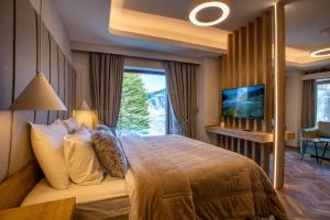 美特索文Adryades luxury apartments的一间卧室配有一张大床和电视