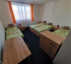 KlínyUbytování U Janičky的宿舍间设有三张床和一扇窗户。