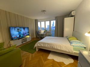 华沙Super Apartament GREEN Rondo ONZ Metro NOWE Wifi 300 Mb/s AirCondition Netflix Spotify的一间卧室配有一张床和一台平面电视