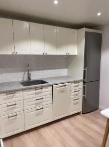 博伦厄Backes Lillstuga的厨房配有白色橱柜、水槽和冰箱。