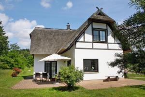 ZirchowHoliday home in Zirchow的白色的房屋设有茅草屋顶和庭院