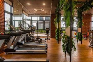 普崇Cozy Mayfair Homestay的一间健身房,里面装有一排跑步机和植物