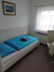 梅泽堡Pension Am Rosental Merseburg的一间卧室配有一张带蓝色毯子的床