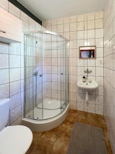 特尔斯泰纳2- posteľová izba s kúpeľňou EMKA v PENZION TRSTENÁ的带淋浴和盥洗盆的浴室