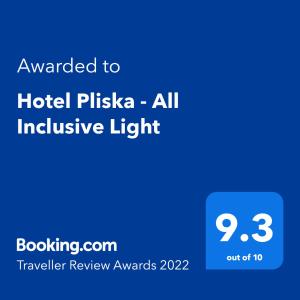 阳光海滩Hotel Pliska - All Inclusive Light的一部电话的屏幕,上面写着给比萨酒店的所有光