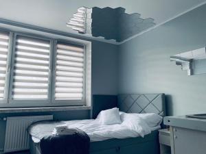 比亚韦斯托克2Lustra的蓝色的客房设有床和窗户。