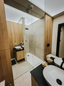 博茨科沃Apartamenty Boszkowo Lake Harbor的一间带玻璃淋浴和水槽的浴室