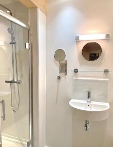 卡迪根The Garden Room Apartment的白色的浴室设有水槽和淋浴。