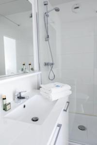 达克斯Hotel Thermes Les Ecureuils的白色的浴室设有水槽和淋浴。