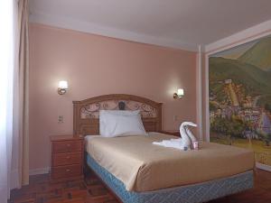 拉巴斯RIXAA Hotels的一间卧室,床上有天鹅绒