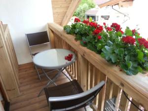 韦斯滕多夫Appartement Paratscher的阳台配有红色鲜花和桌椅。
