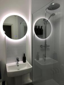 法尔茅斯Bank Place的一间带水槽、淋浴和镜子的浴室