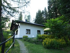 索内纳尔佩·纳斯费尔德Chalet in Nassfeld ski area in Carinthia的白色的房子,设有花园和围栏