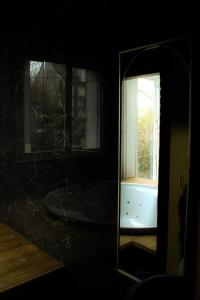 勒布朗-梅尼尔Seasides Paris - Suite Monroe的浴缸和窗户的镜子反射