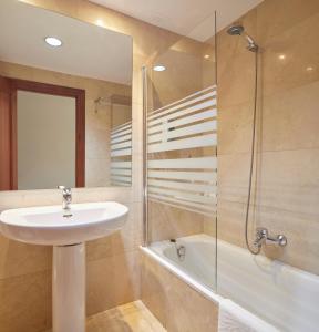 洛格罗尼奥Iraipe Logroño Hotel的一间带水槽和玻璃淋浴的浴室