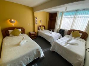 普诺Hostal Oscar Inn的酒店客房设有两张床和窗户。