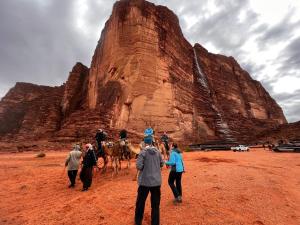 瓦迪拉姆Wadi Rum Quiet Village Camp的一群人在沙漠骑骆驼