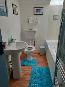 斯特罗姆内斯Stromness Apartments的浴室配有盥洗盆、卫生间和浴缸。