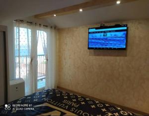 伊加洛Apartman lux REA1的卧室配有壁挂式平面电视。