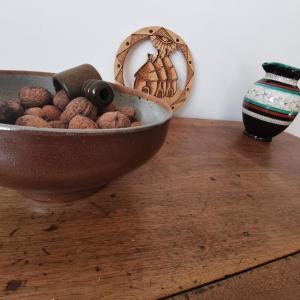 PaslyLes écureuils的木桌上一碗花生和花瓶