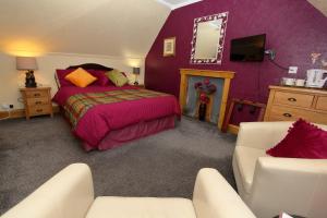 波特里布雷塞德宾馆的一间卧室设有紫色的墙壁、一张床和一张沙发