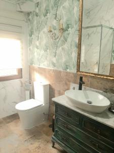 博阿迪利亚德尔蒙特Casa Solis Monteprincipe的一间带水槽、卫生间和镜子的浴室