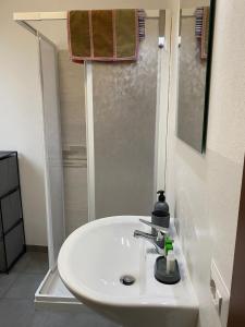 卡萨莱蒙费拉托Casale Center的带淋浴的浴室内的白色水槽