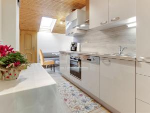 伊伯恩道夫Apartment in Eberndorf Carinthia with sauna的厨房配有白色橱柜和白色台面