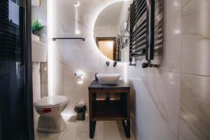 克拉古耶瓦茨Boutique Luxury Apartments的一间带水槽、卫生间和镜子的浴室