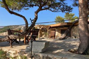 阿尔戈斯托利翁Kamaroules Sea Front的庭院里设有两把长椅和一棵树