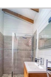圣安娜Magnifique maison en bois avec piscine的带淋浴和盥洗盆的浴室