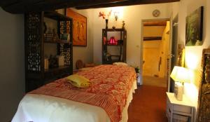 阿尔特德帕吕Fontaine des Magnarelles的一间卧室配有一张带红白毯子的床