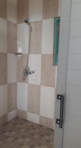 格兰贝伊johnny's studio的带淋浴的浴室(带瓷砖墙)