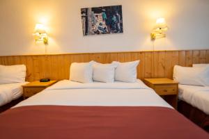 怀特霍斯Canadas Best Value Inn- Riverview Hotel的两张床位于带两盏挂在墙上的灯的房间