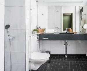 赫尔辛基Hiisi Hotel Helsinki Jätkäsaari的一间带卫生间、水槽和镜子的浴室