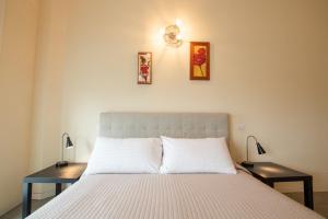 帕尔马Appartamenti Maggiore Parma的一间卧室配有一张床、两个床头柜和两盏灯。