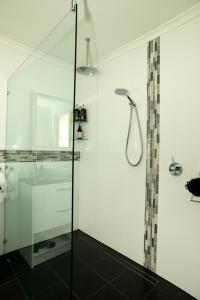 奥尔巴尼Kinsellas Water Views的带淋浴的浴室和玻璃门