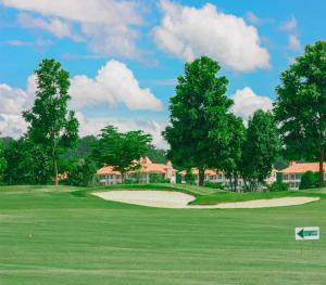 清莱Happy City Golf & Resort的享有高尔夫球场绿地的景色,拥有房子的背景