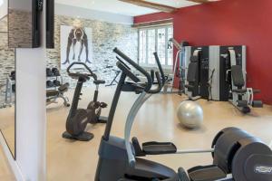 Saint-Georges-sur-Loire伊皮奈城堡酒店的一间健身房,里面设有有氧运动器材,房间设有红色的墙壁