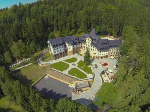 卡罗维发利Zámek Lužec Spa & Wellness Resort的享有大房子空中美景,设有庭院
