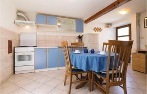 维利伊兹3 Bedroom Beautiful Home In Veli Iz的厨房配有一张带蓝桌布的桌子